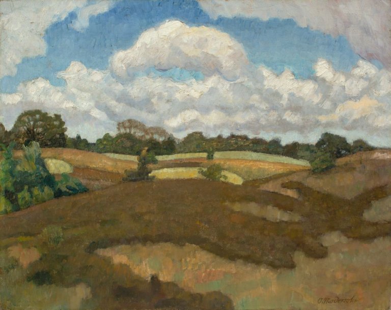 Auf diesem Bild ist das folgende Kunstwerk zu sehen: Otto Modersohn. Heidelandschaft mit Blick auf den Quelkhorner Berg. 1921.