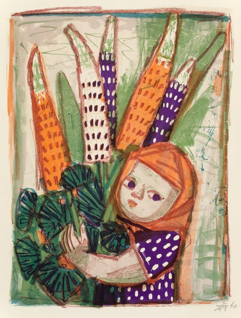 Auf diesem Bild ist das folgende Kunstwerk zu sehen: Otto Dix. „Kind mit Lupinen“. 1960.