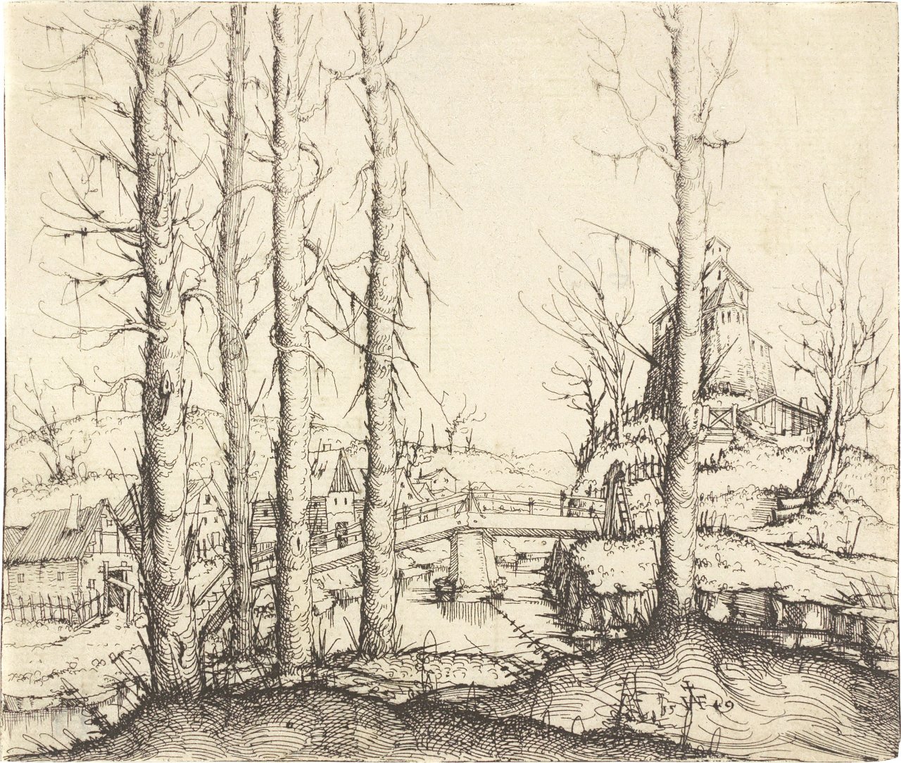 Catalog image of „Flusslandschaft mit fünf kahlen Fichten im Vordergrund“. 1549