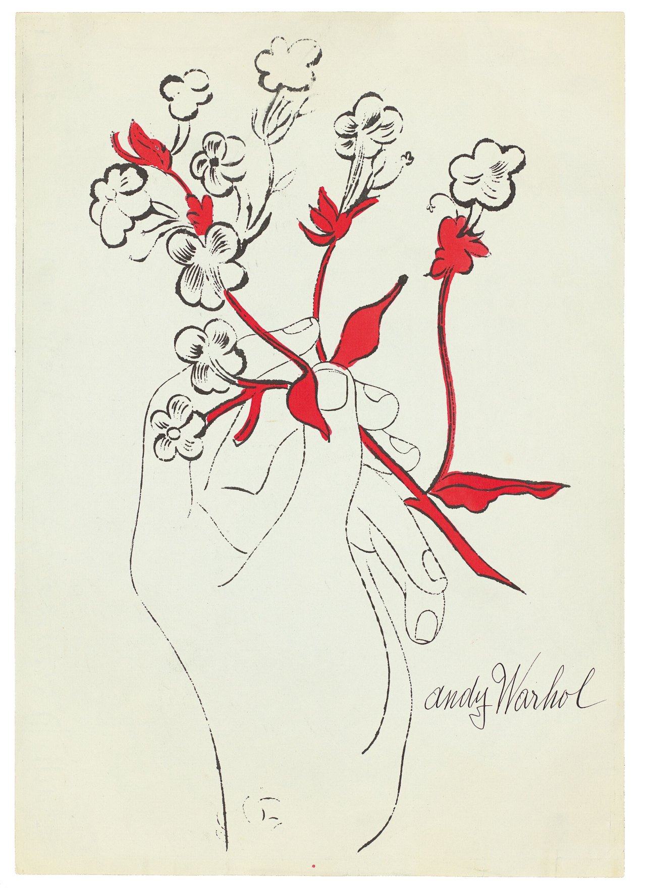 Auf diesem Bild ist das folgende Kunstwerk zu sehen: Andy Warhol. „Hand with flowers“. Um 1957.