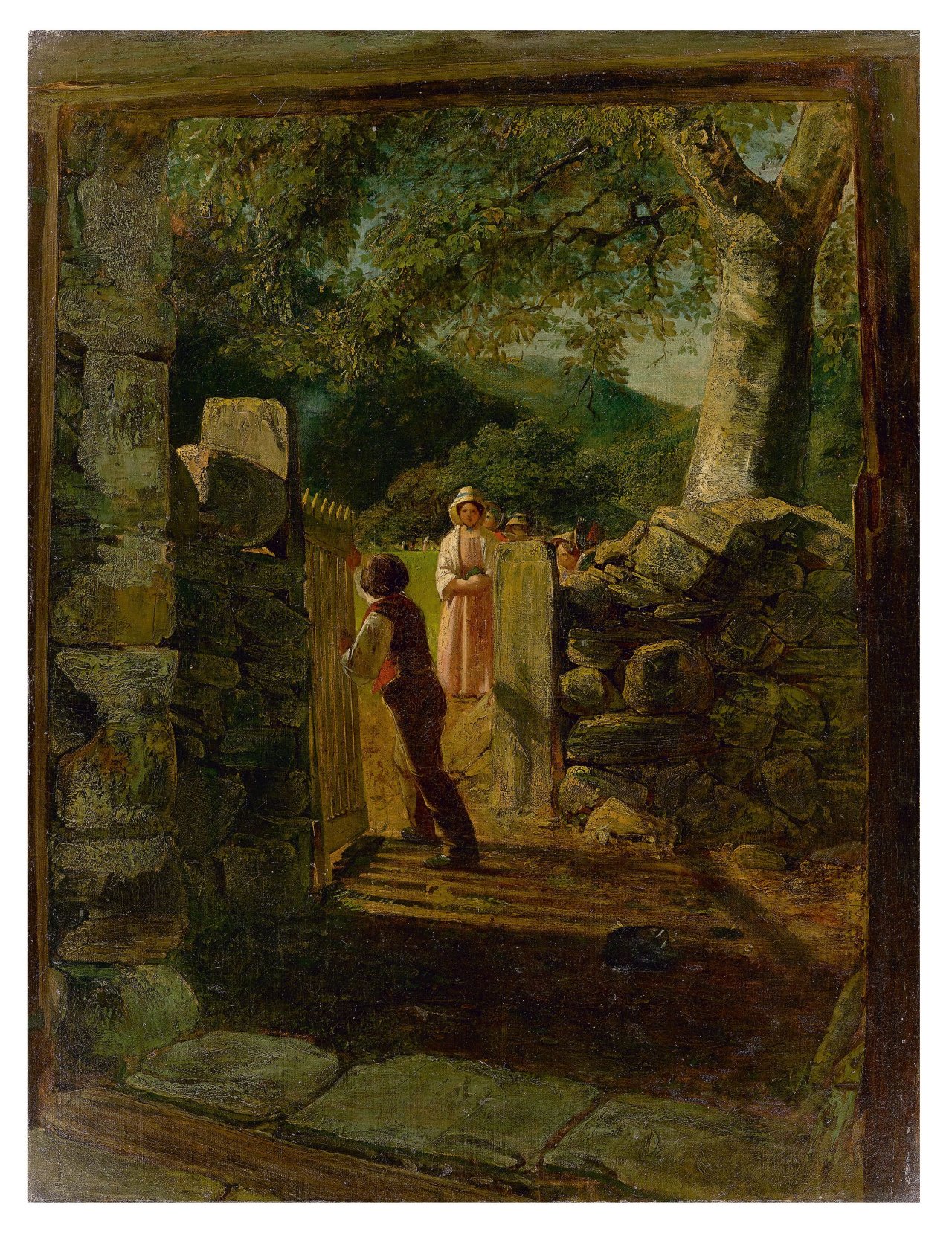 Auf diesem Bild ist das folgende Kunstwerk zu sehen:  Österreichisch, um 1840. Heimkehr vom Sonntagsspaziergang.