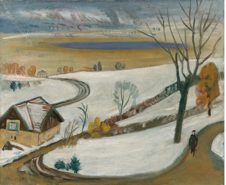 Auf diesem Bild ist das folgende Kunstwerk zu sehen: Gabriele Münter. Winterlandschaft. 1939.