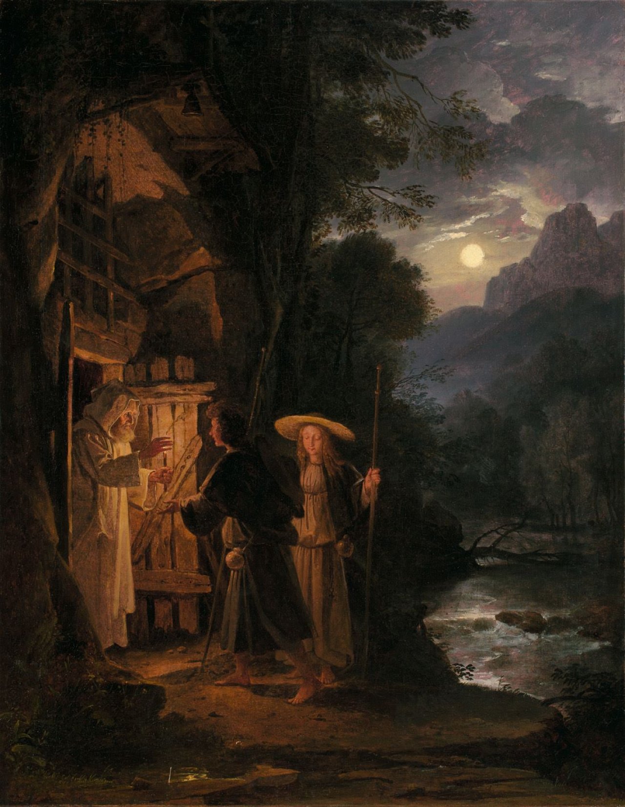 Auf diesem Bild ist das folgende Kunstwerk zu sehen: Franz Ludwig Catel. „Ein Pilger und eine Pilgerin bitten bei einem Einsiedler um Einkehr“. 1818.