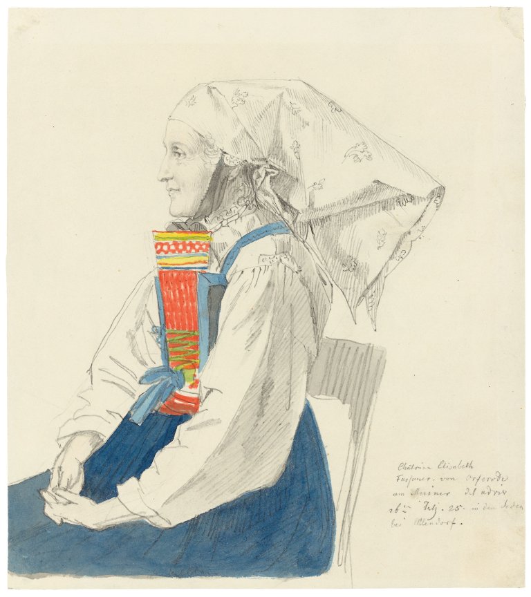 Auf diesem Bild ist das folgende Kunstwerk zu sehen: Ludwig Emil Grimm. „Frau in Tracht aus Orferode“. 1825.