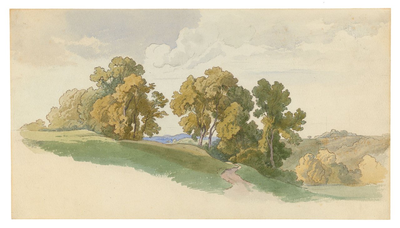 Auf diesem Bild ist das folgende Kunstwerk zu sehen: Friedrich Preller d. Ä.. Feldweg in einer Hügellandschaft mit Bäumen. Um 1872.