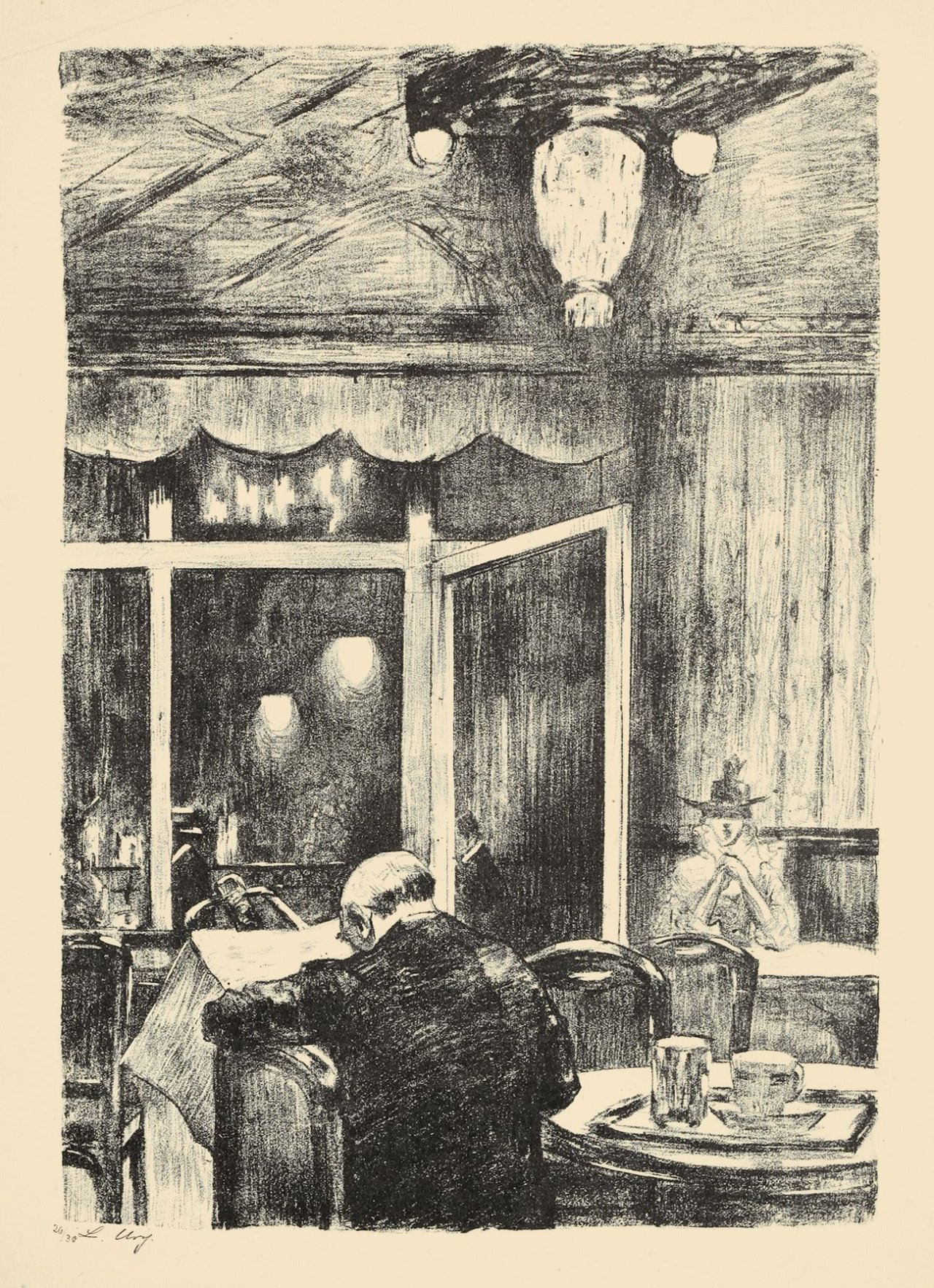 Auf diesem Bild ist das folgende Kunstwerk zu sehen: Lesser Ury. „Abend im Café Bauer in Berlin“. 1919.