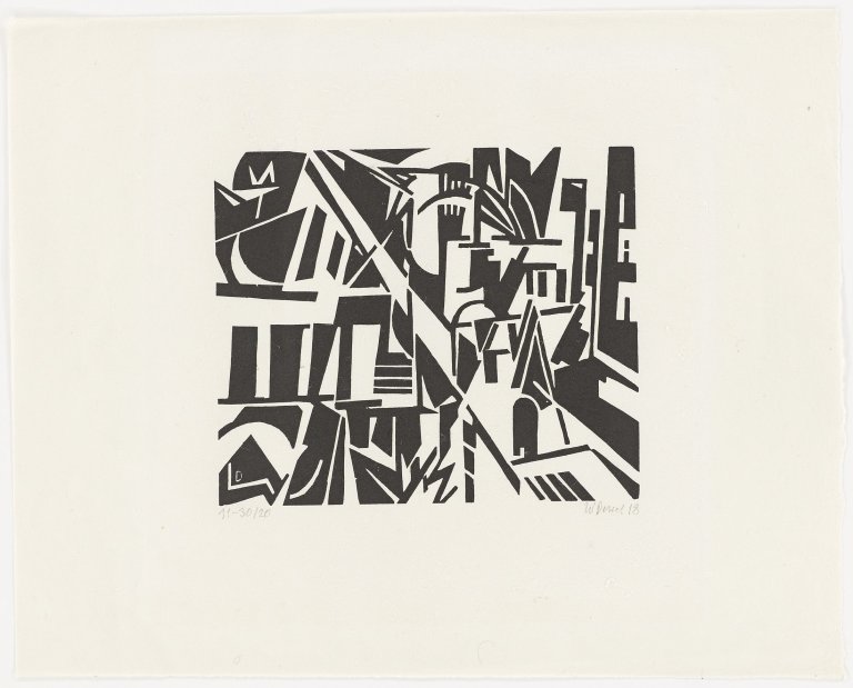 Auf diesem Bild ist das folgende Kunstwerk zu sehen: Walter Dexel. „Steile Strasse - Der Stahl“. 1918.