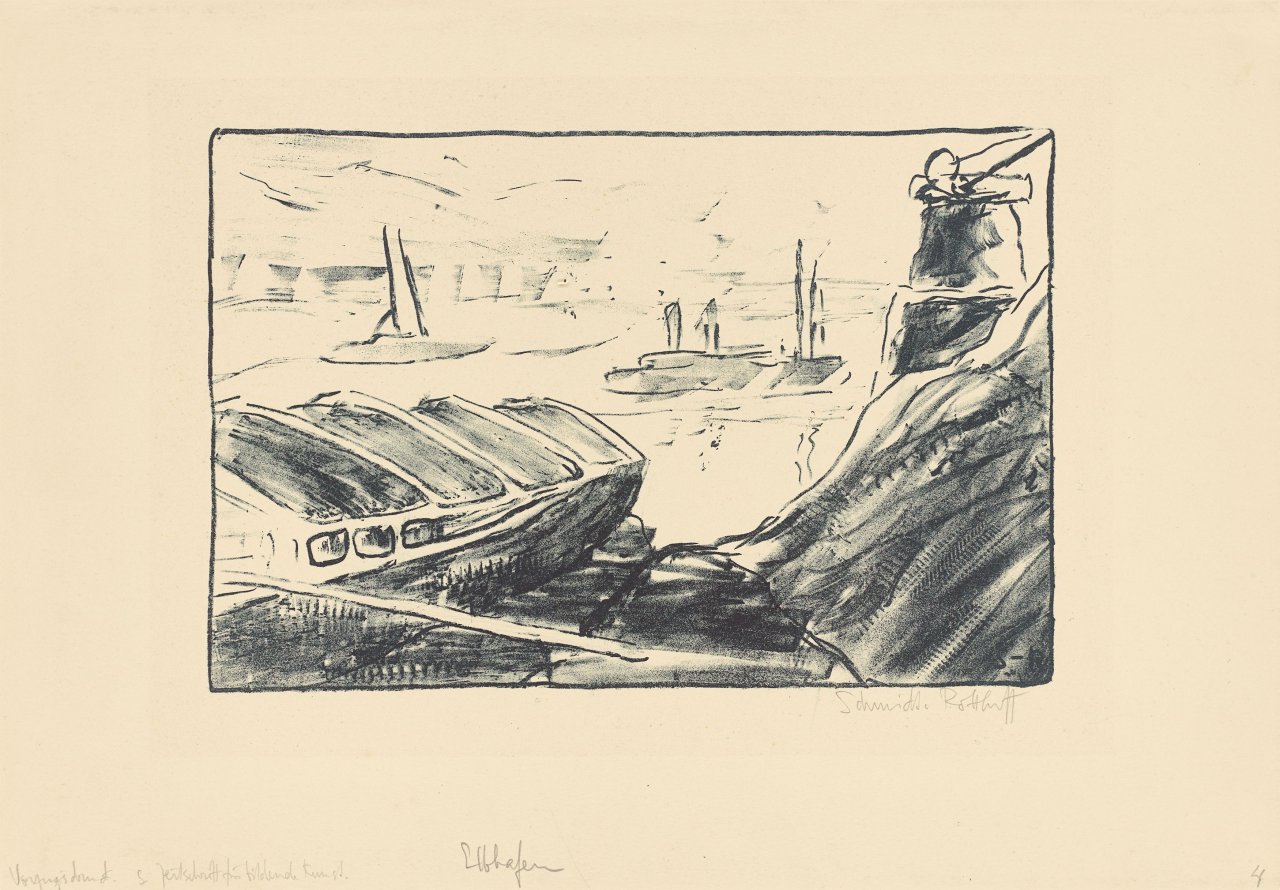 Auf diesem Bild ist das folgende Kunstwerk zu sehen: Karl Schmidt-Rottluff. „Elbhafen“. 1907.