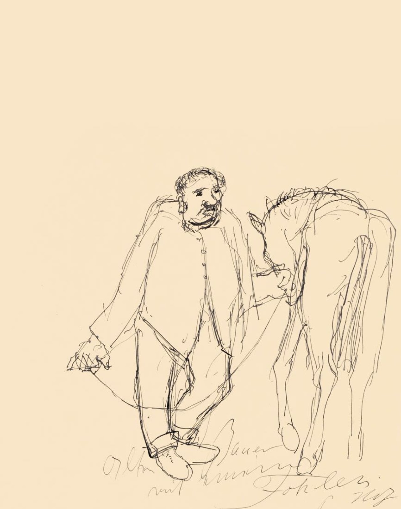 Auf diesem Bild ist das folgende Kunstwerk zu sehen: Paul Holz. „Alter Bauer mit Fohlen“.