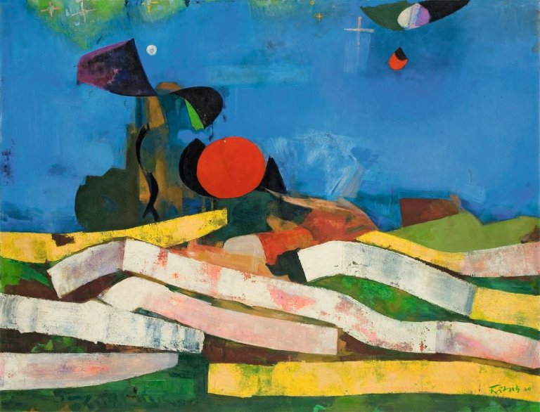 Auf diesem Bild ist das folgende Kunstwerk zu sehen: Ernst Fritsch. „Sonne, Mond und Sterne erschüttern den Horiziont“. 1960.