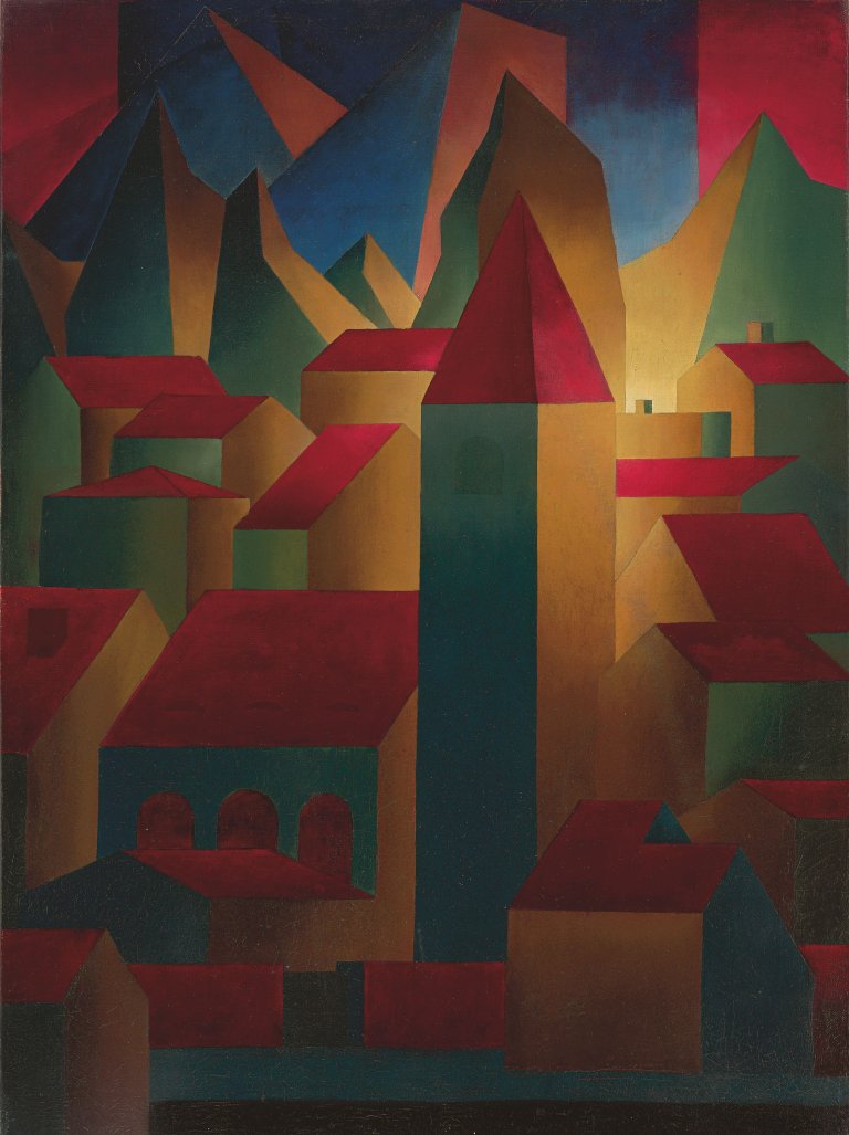 Auf diesem Bild ist das folgende Kunstwerk zu sehen: Carl Grossberg. Häuser, Turm und Gebirge. 1919/20.