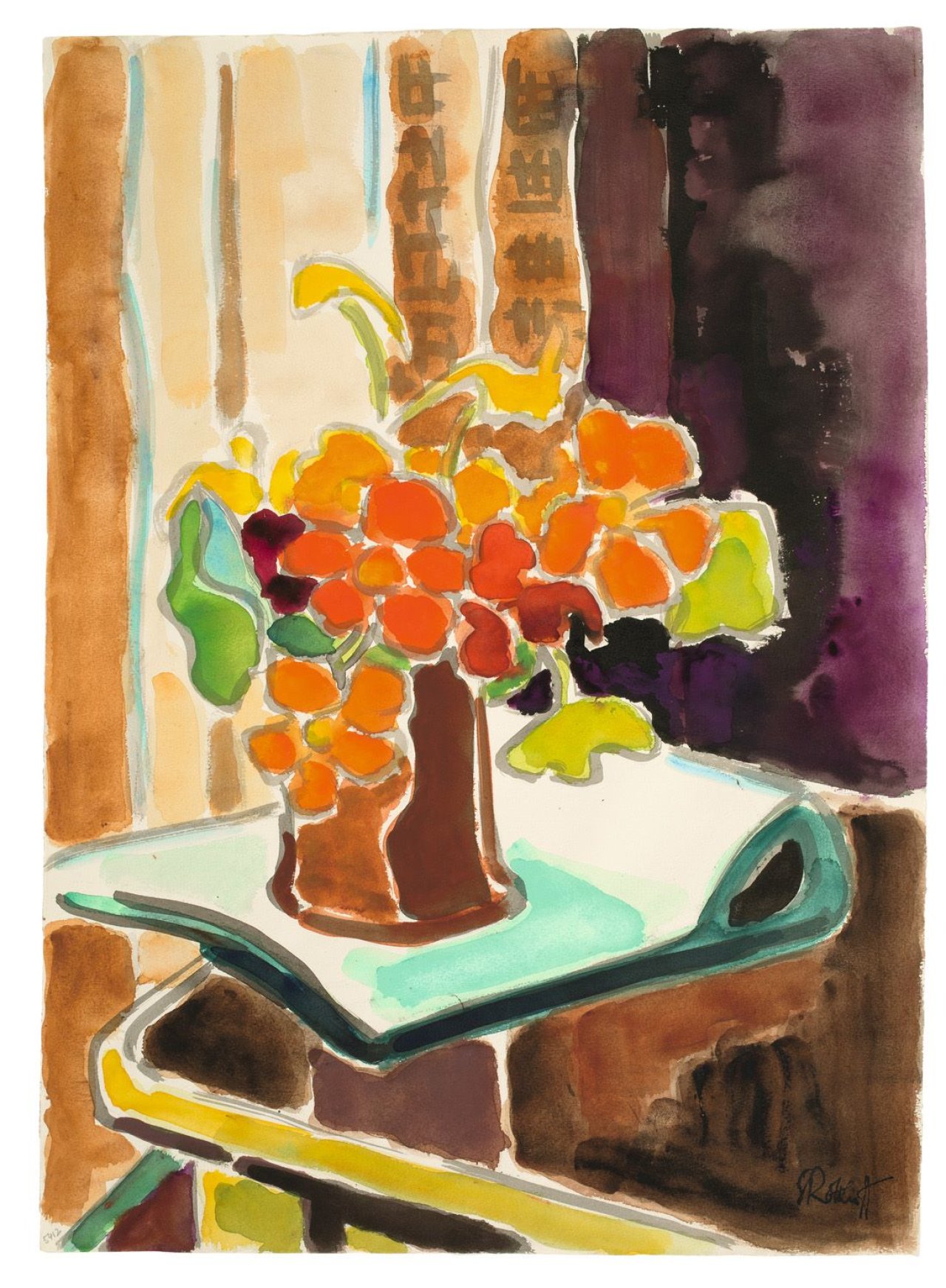 Auf diesem Bild ist das folgende Kunstwerk zu sehen: Karl Schmidt-Rottluff. „Braune Vase mit Kresse“. 1954.