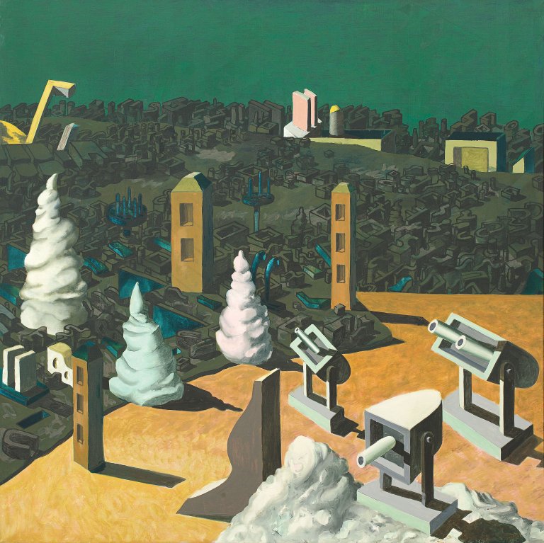 Auf diesem Bild ist das folgende Kunstwerk zu sehen: Ulrich Knispel. „Landschaft mit Softeistürmen“. 1975.