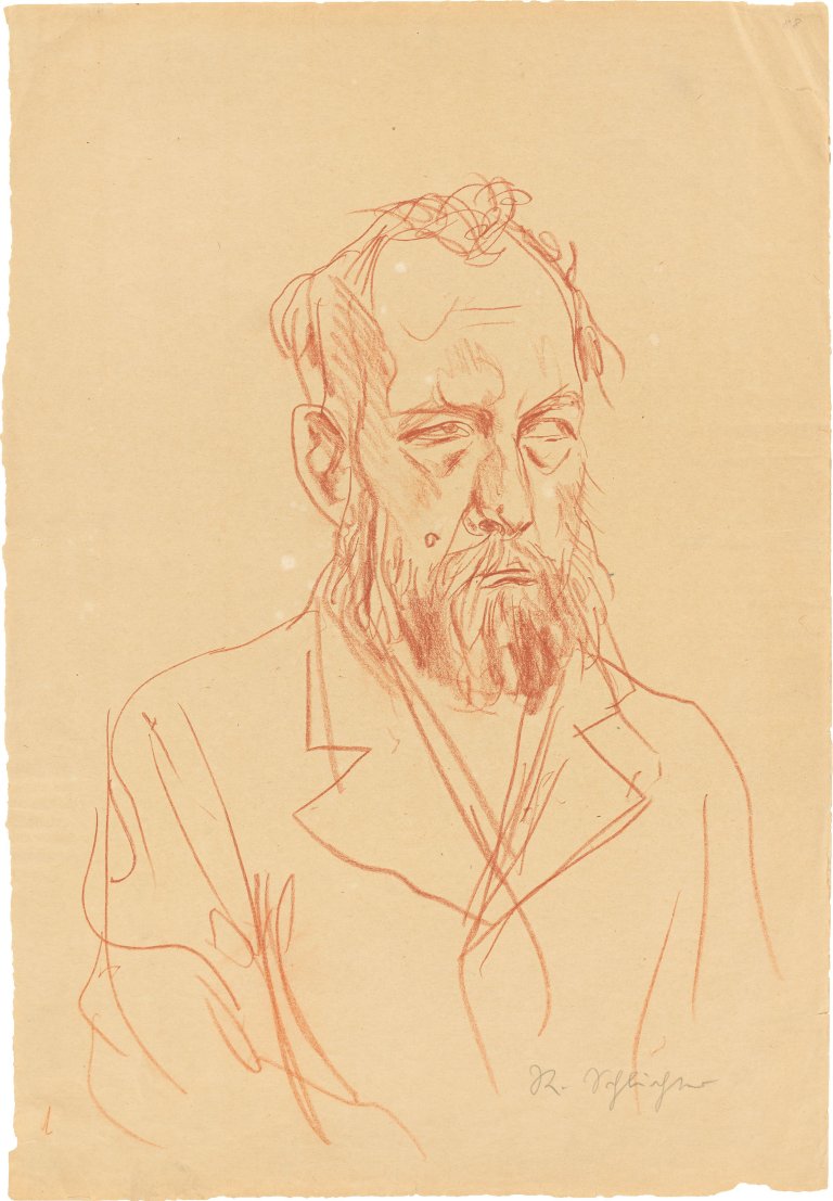 Auf diesem Bild ist das folgende Kunstwerk zu sehen: Rudolf Schlichter. „Verarmter Greis“ / „Schwiegersohn“. 1920er-Jahre.