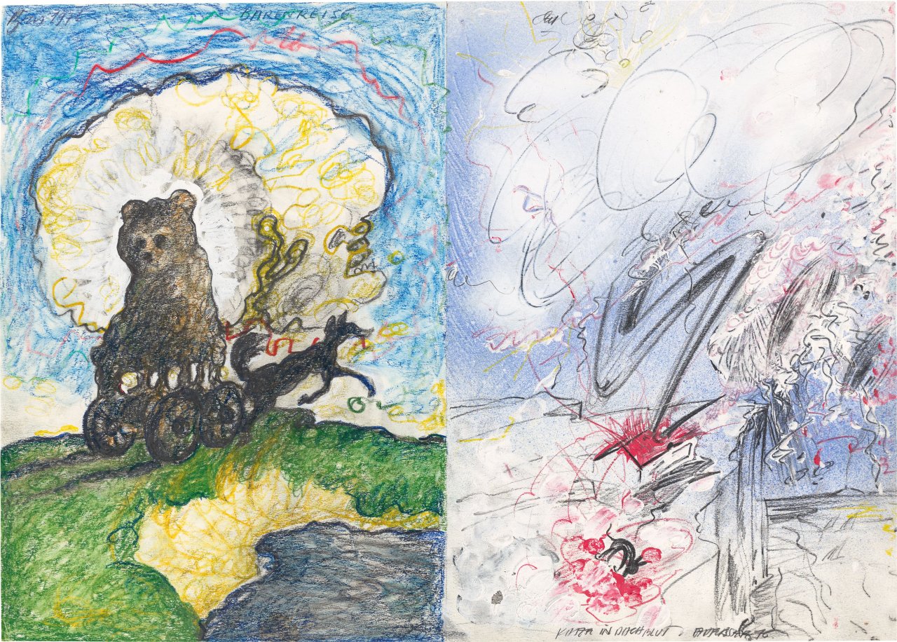 Auf diesem Bild ist das folgende Kunstwerk zu sehen: Günter Brus & Christian Ludwig Attersee. „BÄRENREISE“ / „KATZE IN DACHBLUT“. 1976.