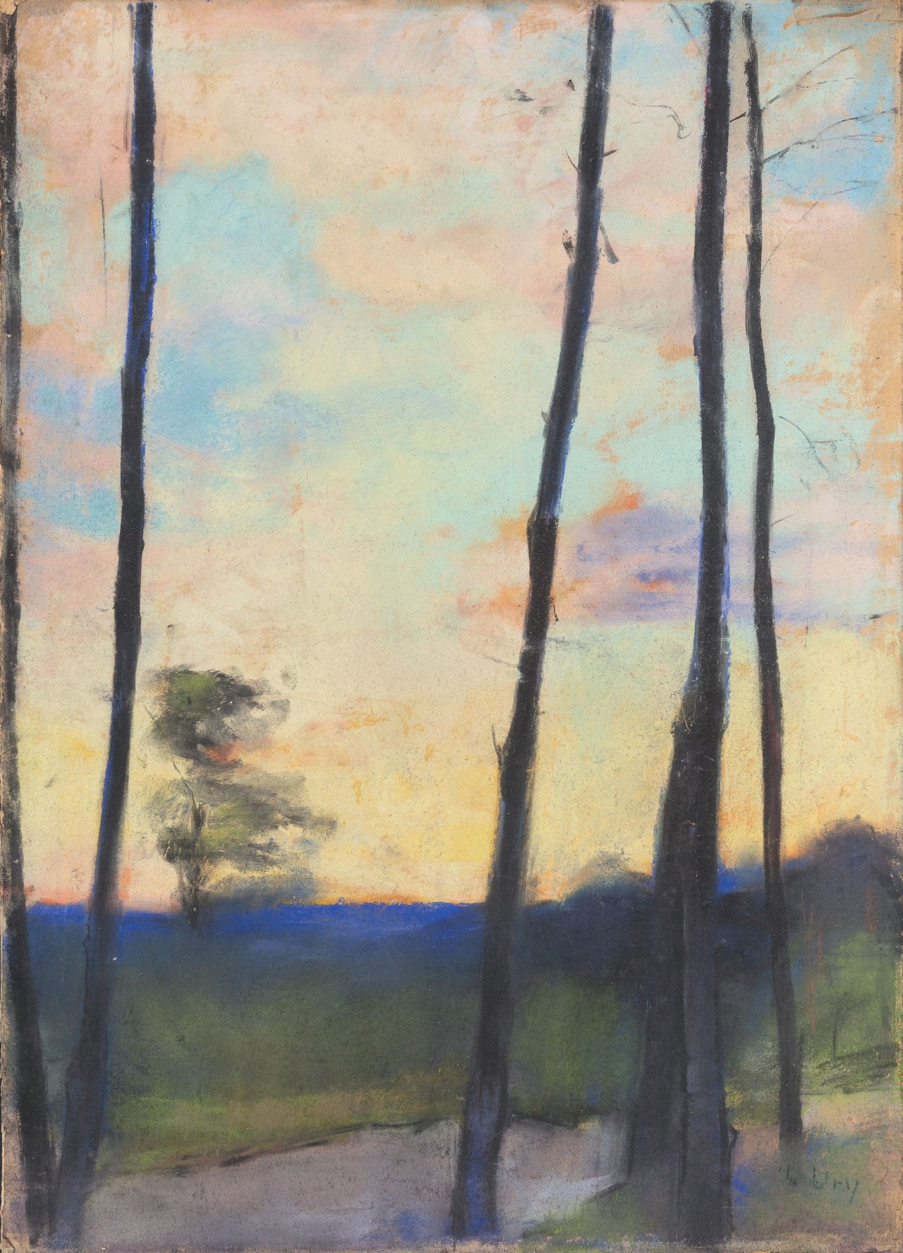 Auf diesem Bild ist das folgende Kunstwerk zu sehen: Lesser Ury. „Kahle Stämme gegen Abendhimmel“.