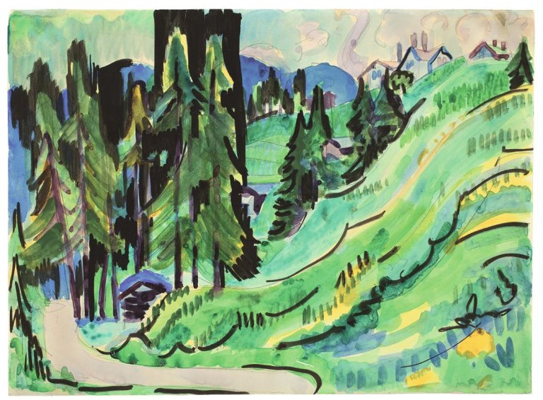 Auf diesem Bild ist das folgende Kunstwerk zu sehen: Ernst Ludwig Kirchner. Im Sertigtal mit Blick auf Clavadel. 1925.