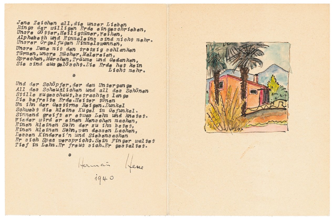 Auf diesem Bild ist das folgende Kunstwerk zu sehen: Hermann Hesse. Müssige Gedanken (Haus zwischen zwei Palmen). 1940.
