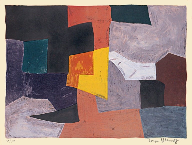 Auf diesem Bild ist das folgende Kunstwerk zu sehen: Serge Poliakoff. „Composition grise, rouge et jaune“. 1960.