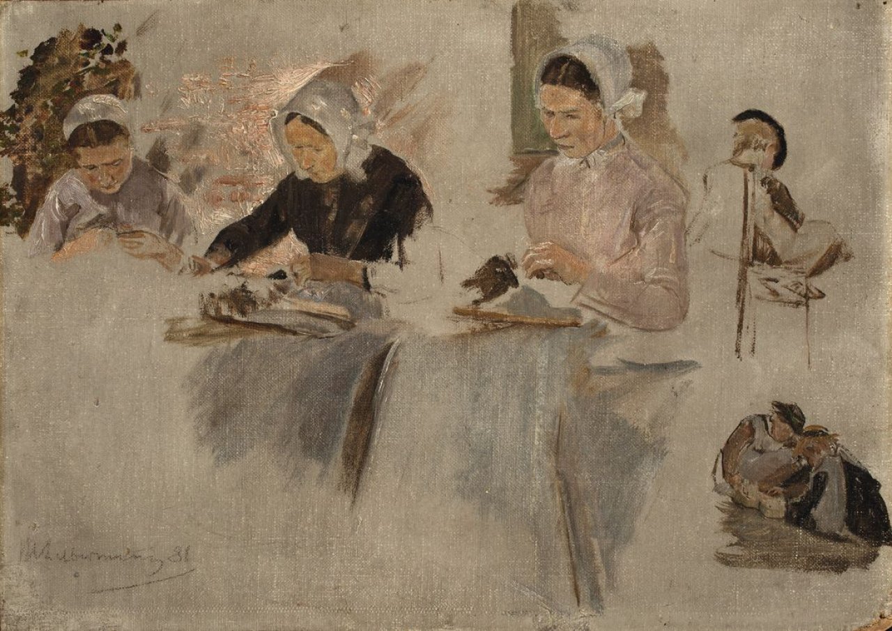 This picture shows the following artwork: Max Liebermann. „Brabanter Spitzenklöpplerinnen – Studie mit drei Figuren“. 1881.