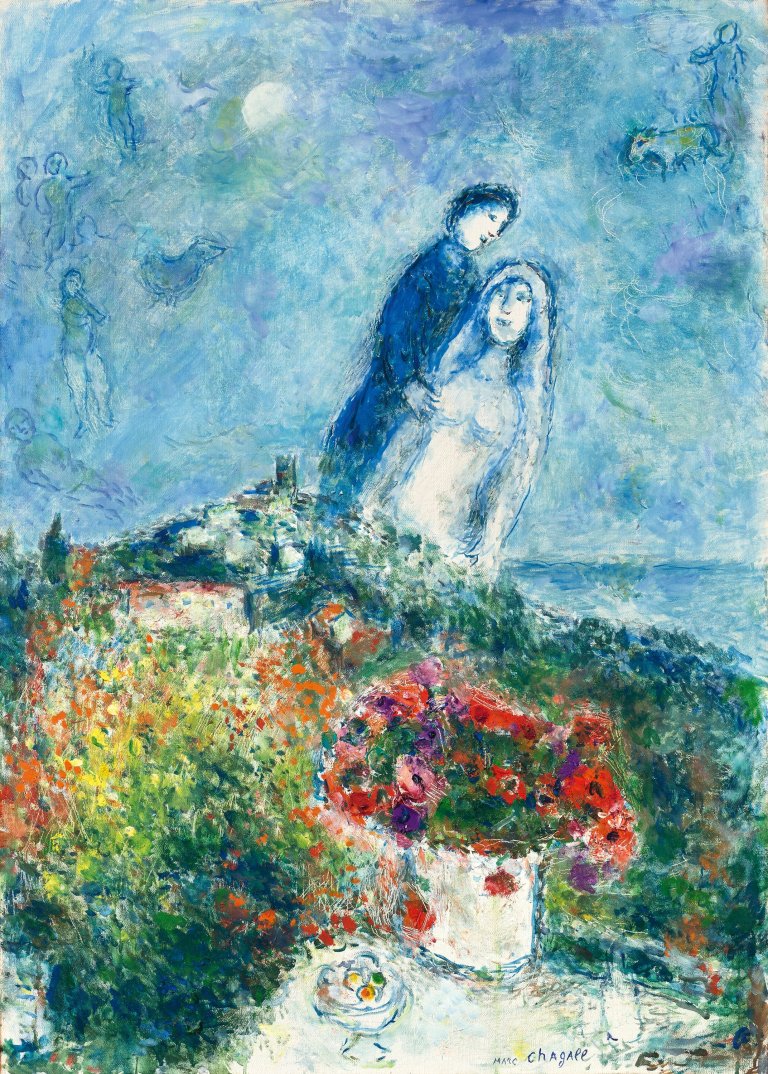 Auf diesem Bild ist das folgende Kunstwerk zu sehen: Marc Chagall. „Les fiancés aux anémones“. 1979.