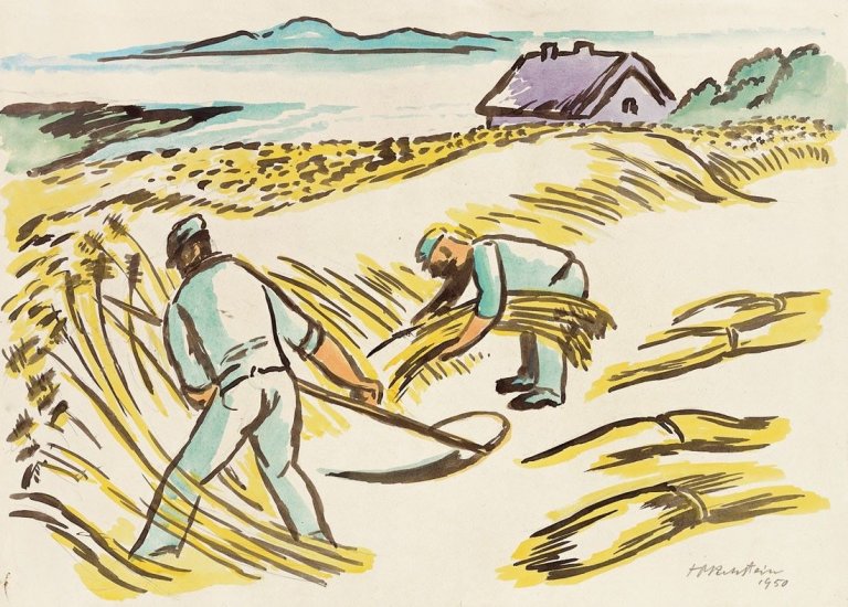 Auf diesem Bild ist das folgende Kunstwerk zu sehen: Max Pechstein. „Beim Mähen III“. 1950.