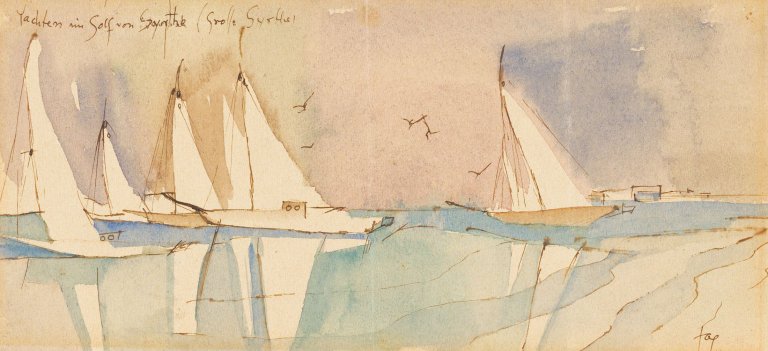 Auf diesem Bild ist das folgende Kunstwerk zu sehen: Hans Jaenisch. „Yachten im Golf von Syrthe (Große Syrthe)“. Um 1950.