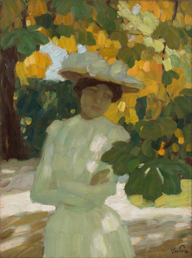 Auf diesem Bild ist das folgende Kunstwerk zu sehen: Leo Putz. Unter Kastanien (Herbstsonne). Um 1905.