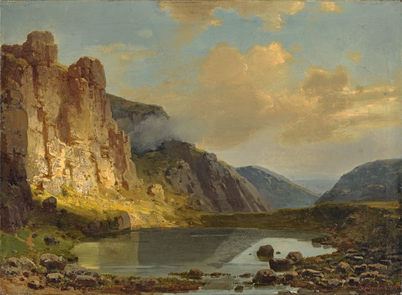 Auf diesem Bild ist das folgende Kunstwerk zu sehen: Carl Theodor Reiffenstein. Ein Maar in der Eifel. 1855.