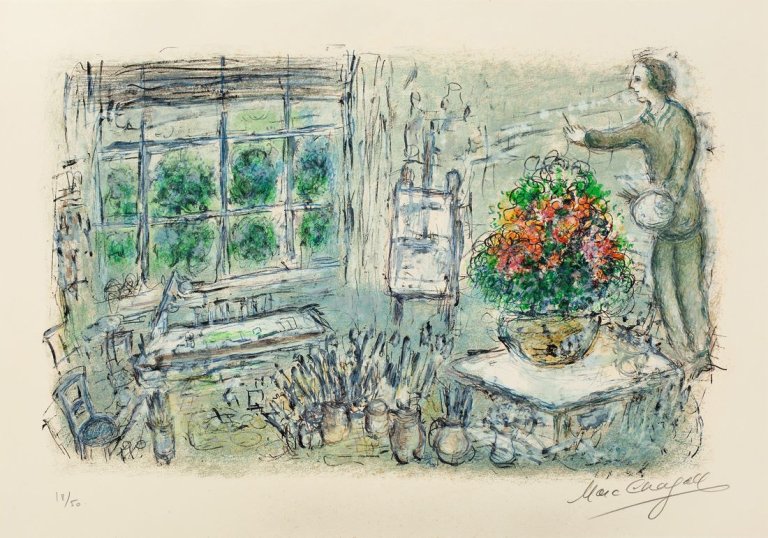 Auf diesem Bild ist das folgende Kunstwerk zu sehen: Marc Chagall. „L’atelier à Saint Paul“. 1974.