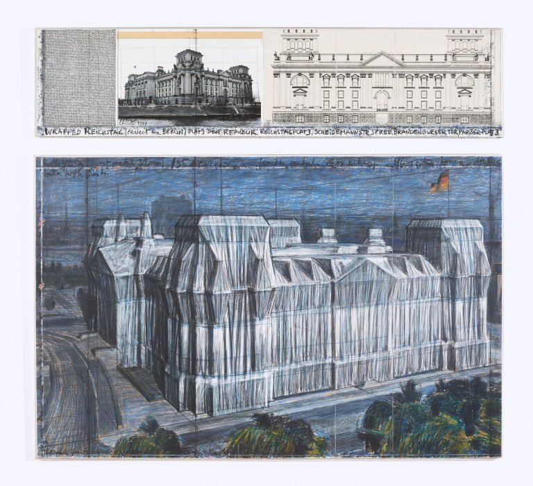 Auf diesem Bild ist das folgende Kunstwerk zu sehen:  Christo. „Wrapped Reichstag (Project for Berlin)“. 1994.