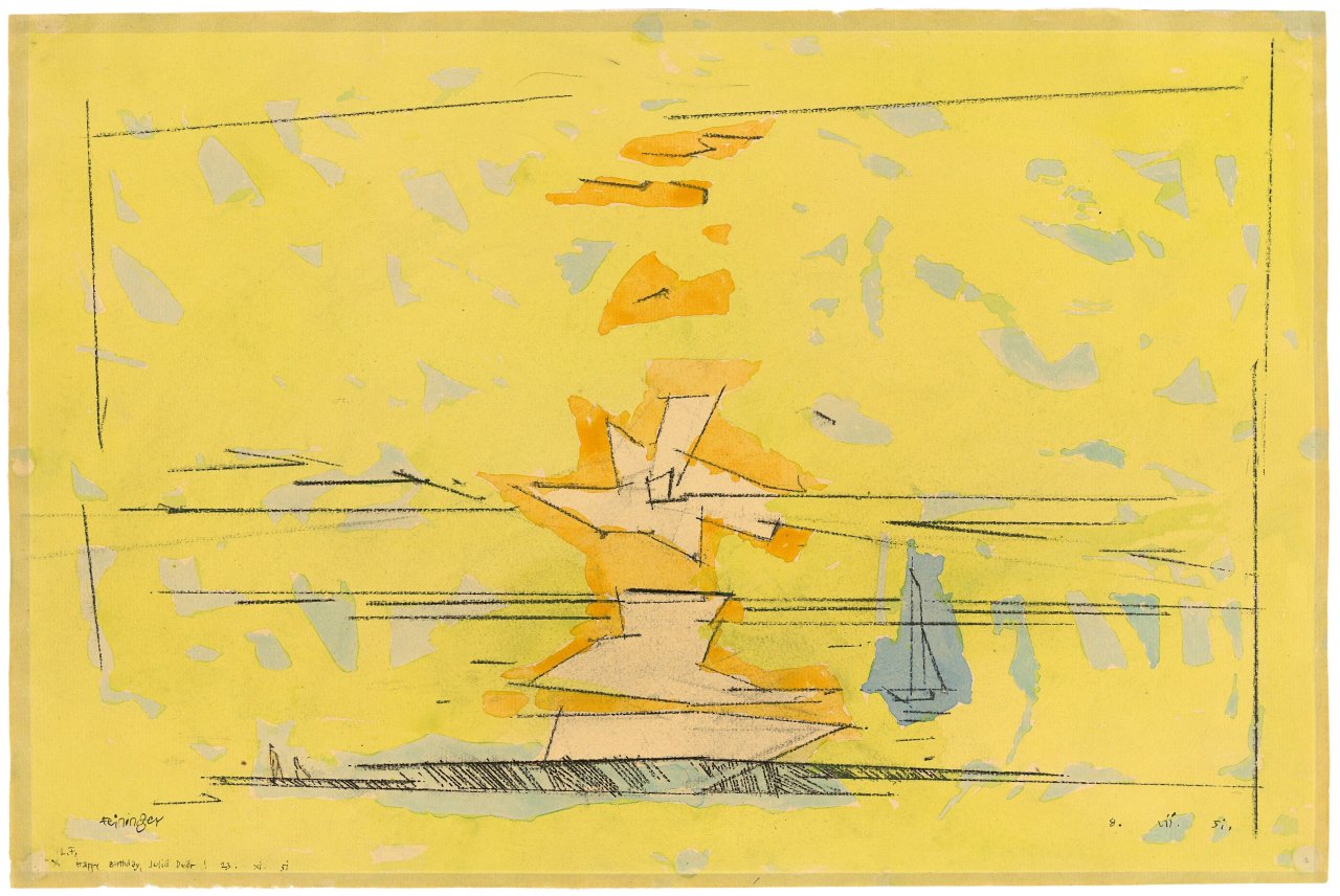 Auf diesem Bild ist das folgende Kunstwerk zu sehen: Lyonel Feininger. Sunset, Yellow Sky and Sea. 1951.