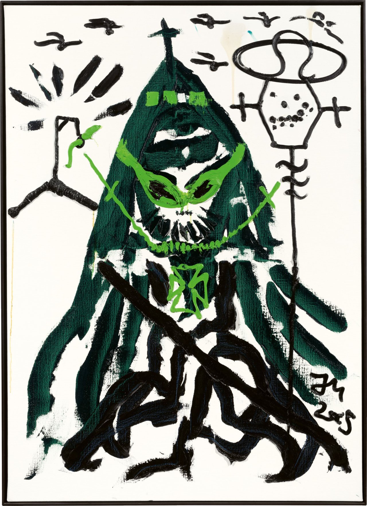 Auf diesem Bild ist das folgende Kunstwerk zu sehen: Jonathan Meese. „Der GUMMILCH-TONI (sendefrisch, Antennchen hoch)“. 2005.
