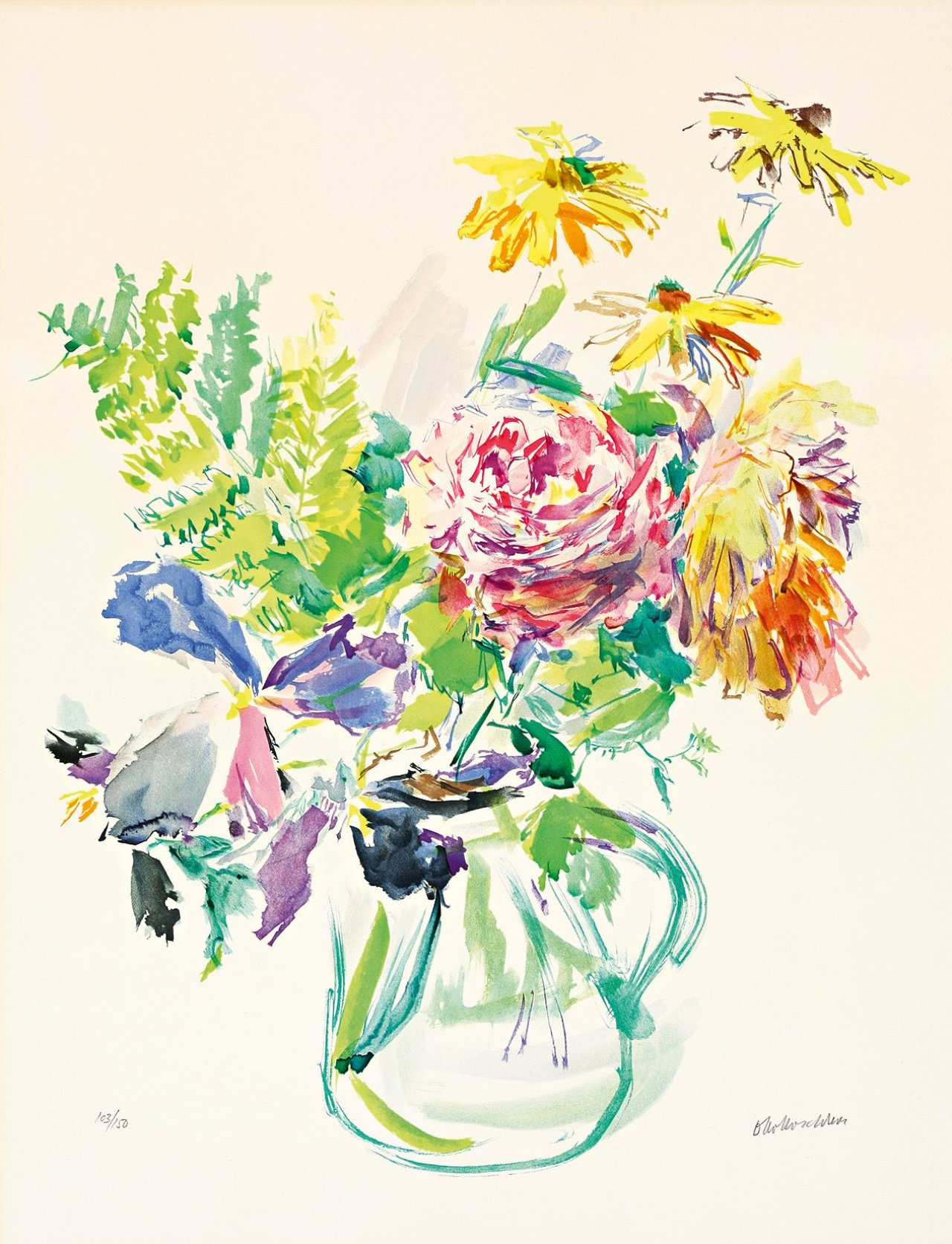 Auf diesem Bild ist das folgende Kunstwerk zu sehen: Oskar Kokoschka. „Sommerblumen in Glaskrug“. 1975.