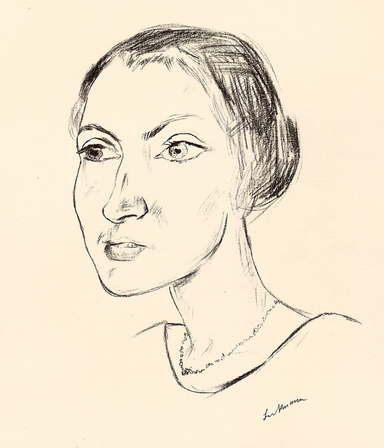 Auf diesem Bild ist das folgende Kunstwerk zu sehen: Max Beckmann. „Frauenkopf mit Halskette (Frau Parcus)“. 1921.