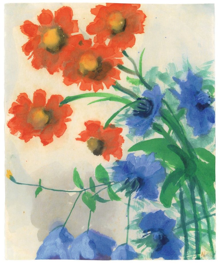 This picture shows the following artwork: Emil Nolde. „Rote und blaue Blüten (Kornblumen)“.