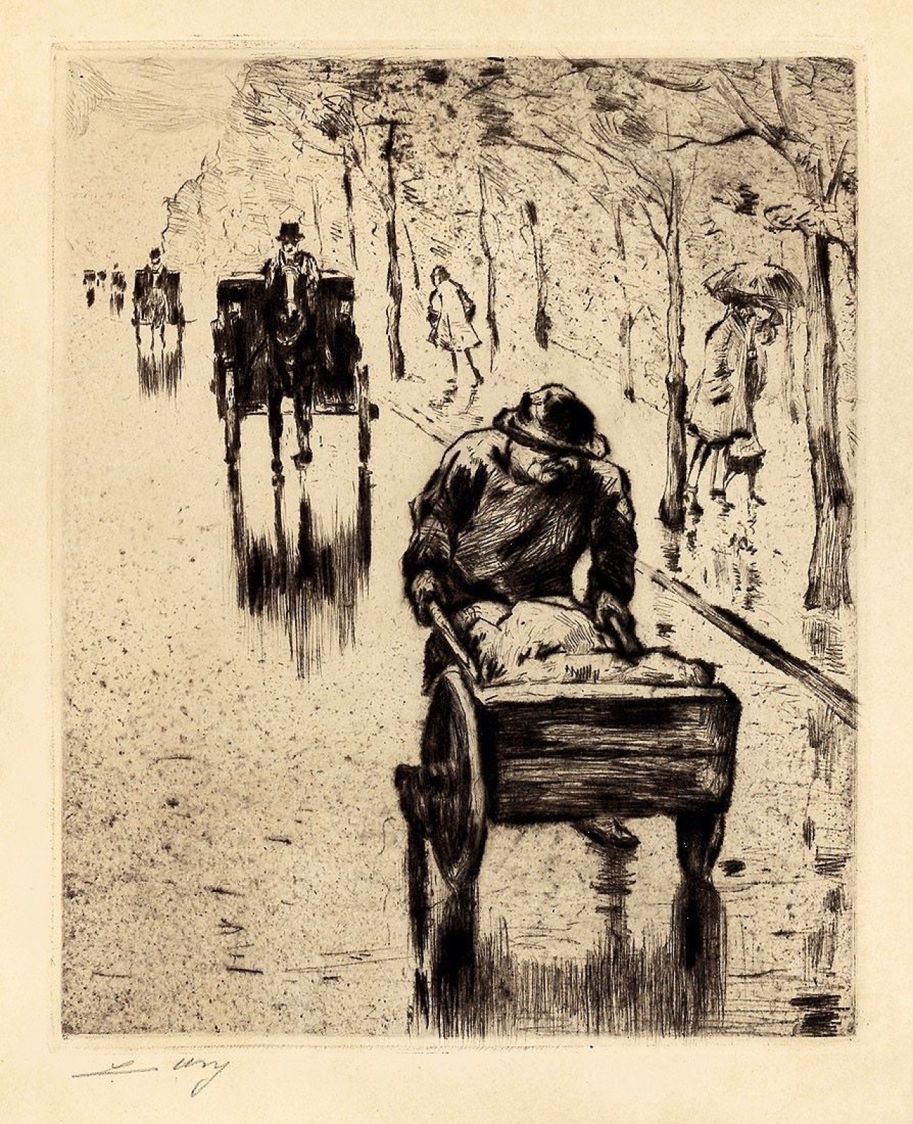 Auf diesem Bild ist das folgende Kunstwerk zu sehen: Lesser Ury. „Regenwetter: Karre schiebender Mann vor einer Pferdedroschke“. 1923.