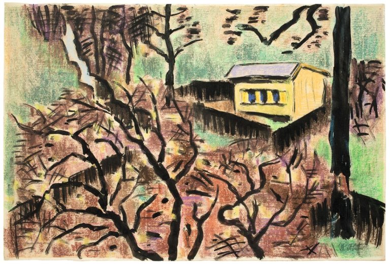 Auf diesem Bild ist das folgende Kunstwerk zu sehen: Karl Schmidt-Rottluff. Holzhaus im Taunus. 1952.