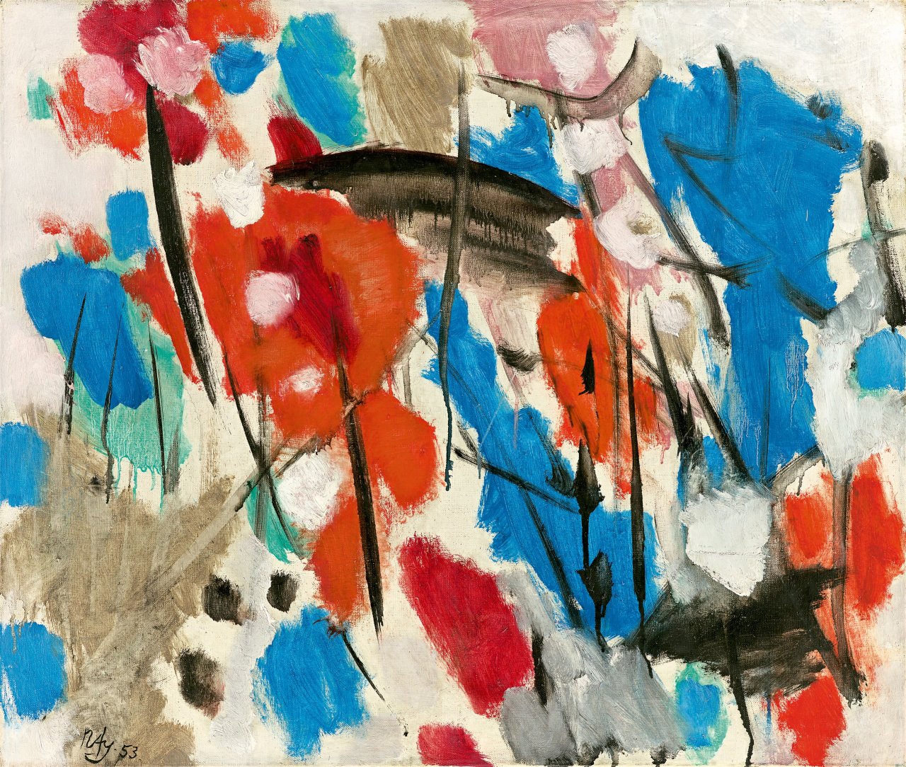 Auf diesem Bild ist das folgende Kunstwerk zu sehen: Ernst Wilhelm Nay. „In Blau und Rosa“. 1953.