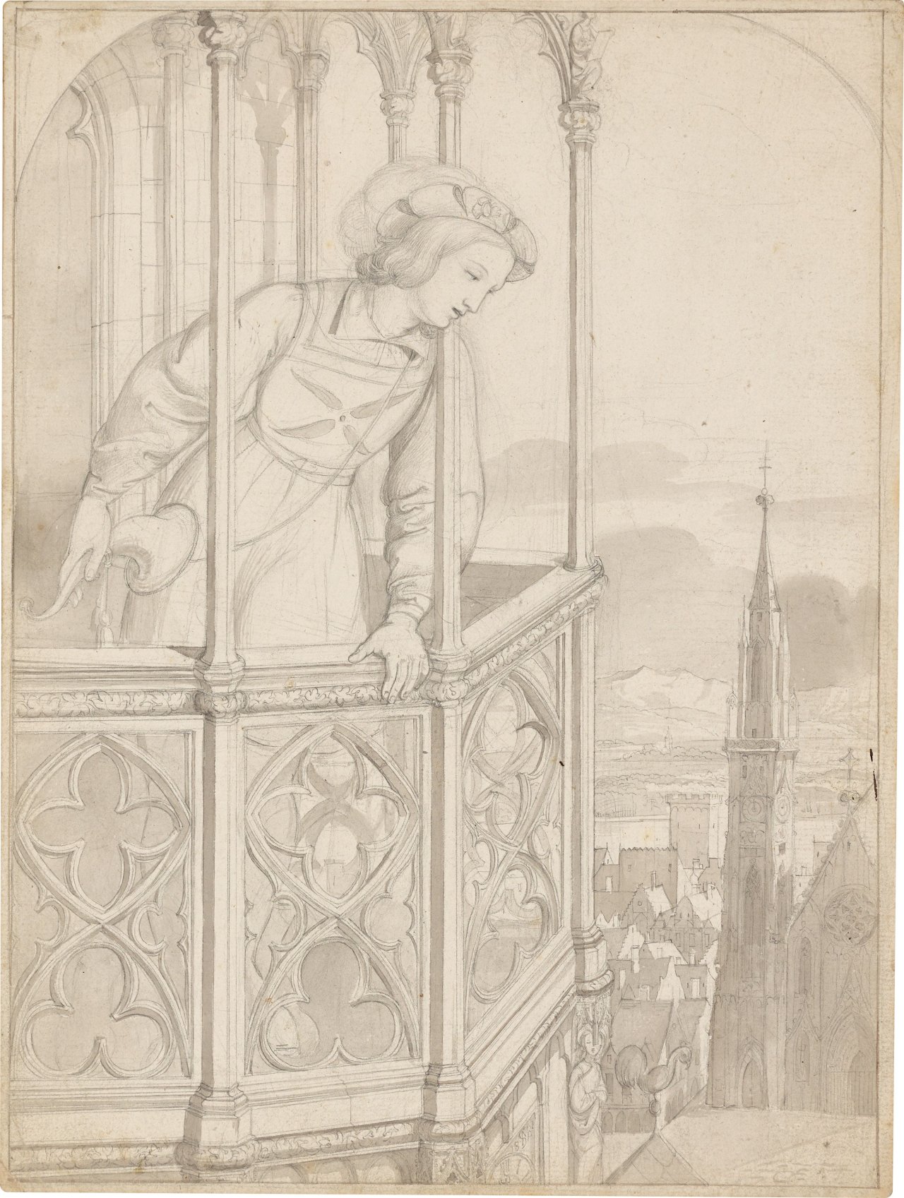 Auf diesem Bild ist das folgende Kunstwerk zu sehen: Moritz von Schwind. Junger Page auf dem Söller. 1822.
