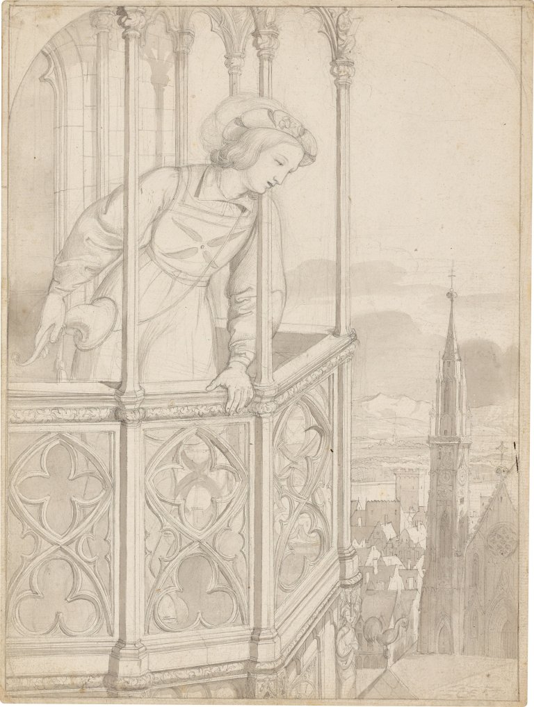 Auf diesem Bild ist das folgende Kunstwerk zu sehen: Moritz von Schwind. Junger Page auf dem Söller. 1822.
