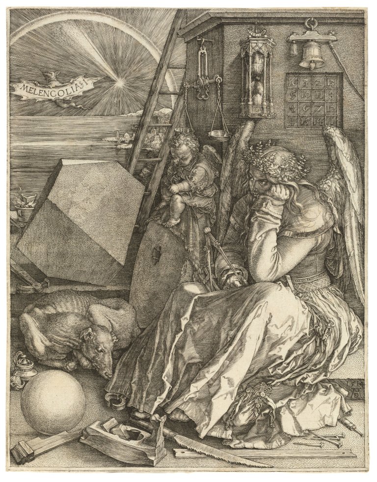 Auf diesem Bild ist das folgende Kunstwerk zu sehen: Albrecht Dürer. „Melencolia I“. 1514.