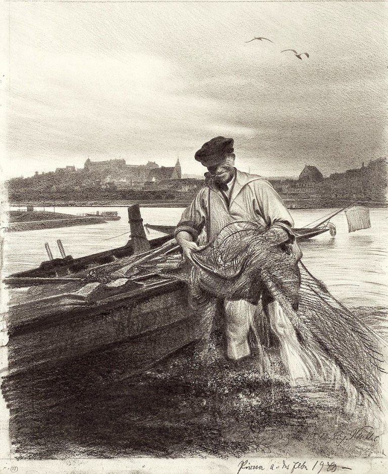 Auf diesem Bild ist das folgende Kunstwerk zu sehen: Richard Müller. „Fischer bei Pirna an der Elbe“. 1940.