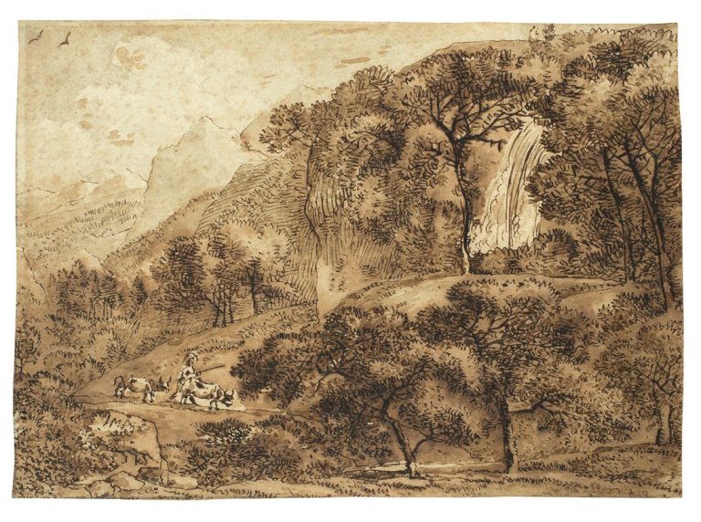 Auf diesem Bild ist das folgende Kunstwerk zu sehen: Franz Kobell. Landschaft mit Kuhhirte und Wasserfall.