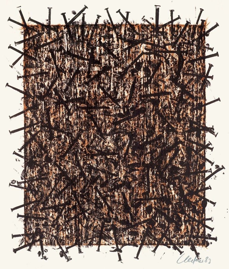 Auf diesem Bild ist das folgende Kunstwerk zu sehen: Günther Uecker. „Farbige Destruktion“. 1983.