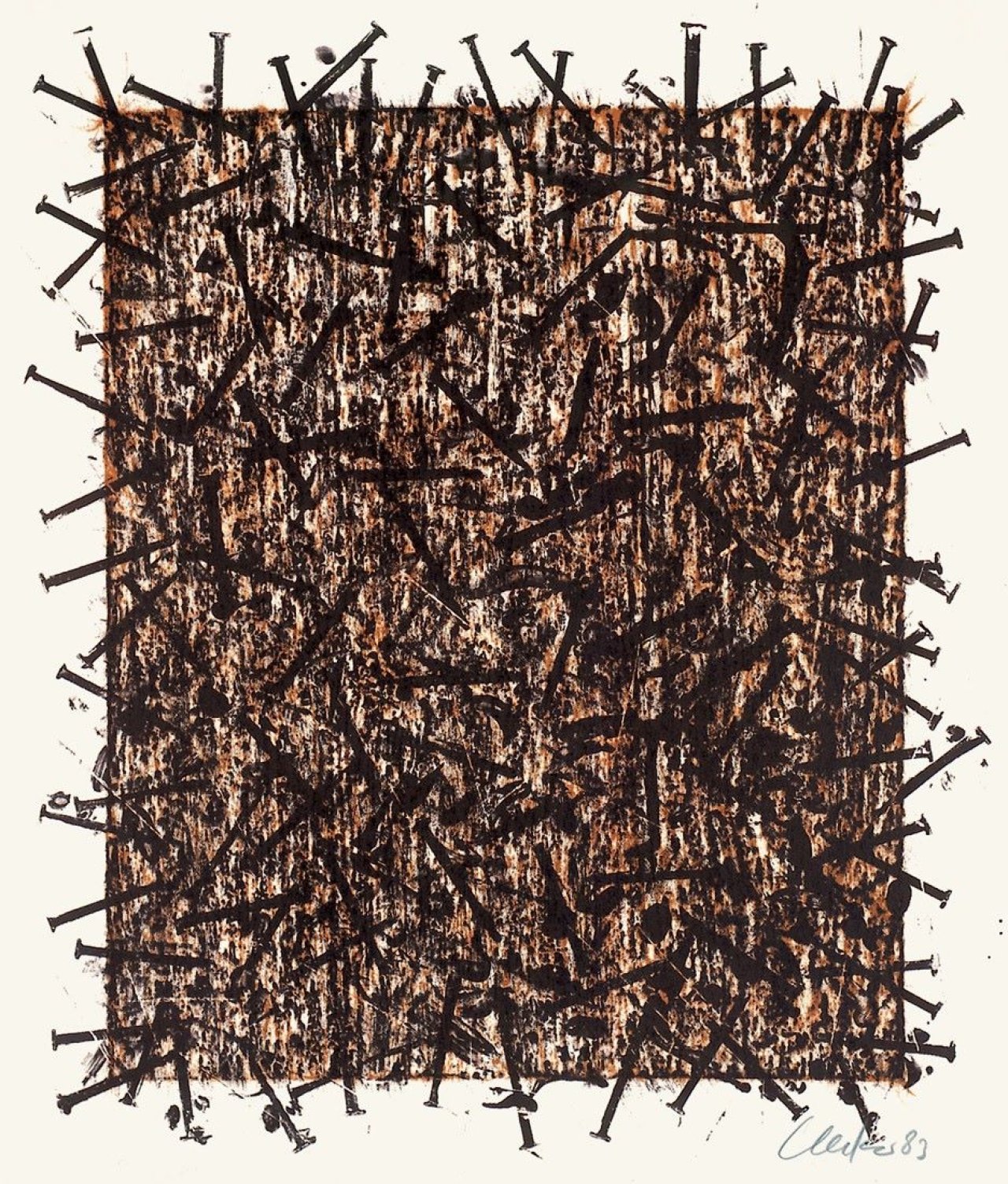 Auf diesem Bild ist das folgende Kunstwerk zu sehen: Günther Uecker. „Farbige Destruktion“. 1983.