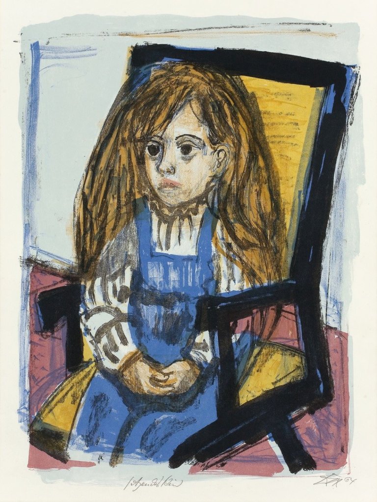 Auf diesem Bild ist das folgende Kunstwerk zu sehen: Otto Dix. „Sitzendes Kind (im Stuhl)“. 1964.