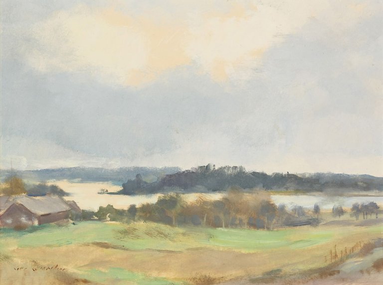Auf diesem Bild ist das folgende Kunstwerk zu sehen: Lotte Laserstein. „Utsikt från Vattholmen“ (Aussicht von Vettholmen). 1948.