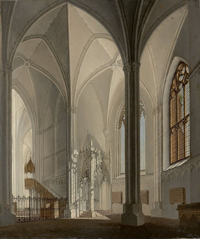 Auf diesem Bild ist das folgende Kunstwerk zu sehen:  Deutsch, um 1810. Inneres einer gotischen Kirche.
