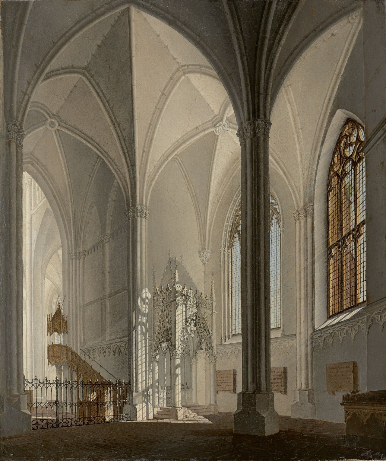 Auf diesem Bild ist das folgende Kunstwerk zu sehen:  Deutsch, um 1810. Inneres einer gotischen Kirche.